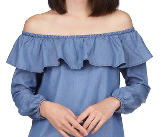 Michael Kors Women's Off The Shoulder Ruffle Top Blue Size X-Large