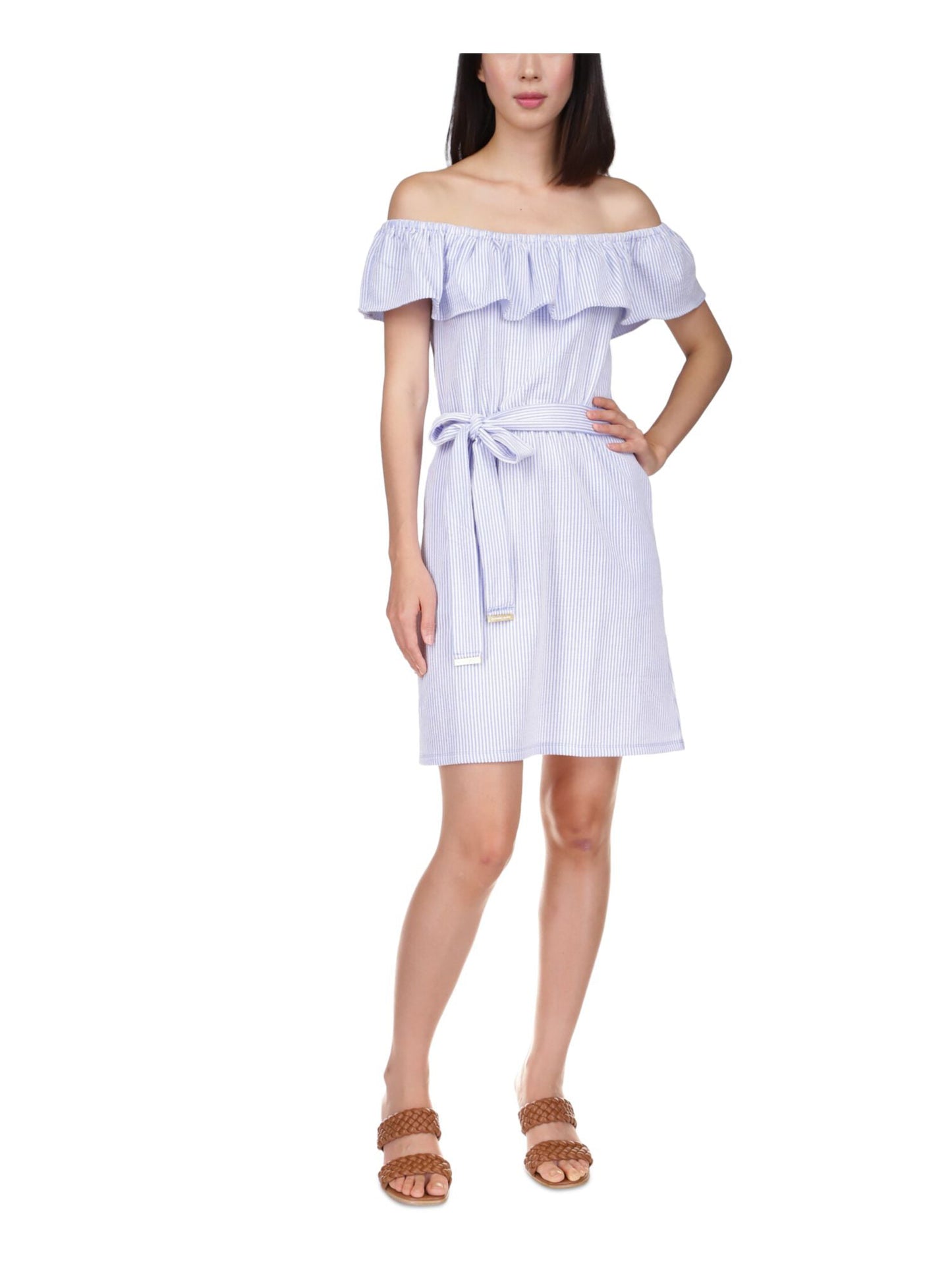 Michael Kors Women's Seersucker Off the Shoulder Dress Blue Size Small