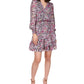 Michael Kors Women's Smocked Ruffled Sheer Tiered Skirt Lined Floral Long Sleeve Surplice Neckline Short Party Faux Wrap Dress Red Size Petite Small
