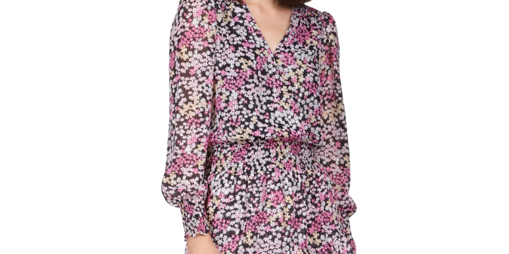 Michael Kors Women's Smocked Ruffled Sheer Tiered Skirt Lined Floral Long Sleeve Surplice Neckline Short Party Faux Wrap Dress Red Size Petite Small