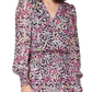 Michael Kors Women's Smocked Ruffled Sheer Tiered Skirt Lined Floral Long Sleeve Surplice Neckline Short Party Faux Wrap Dress Red Size Petite Medium