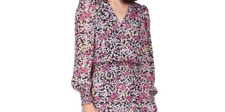 Michael Kors Women's Smocked Ruffled Sheer Tiered Skirt Lined Floral Long Sleeve Surplice Neckline Short Party Faux Wrap Dress Red Size Petite Medium