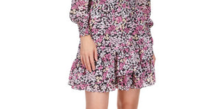 Michael Kors Women's Smocked Ruffled Sheer Tiered Skirt Lined Floral Long Sleeve Surplice Neckline Short Party Faux Wrap Dress Red Size Petite Medium