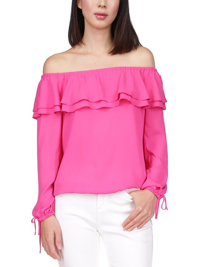 Michael Kors Women's Petite Ruffled Off The Shoulder Top Pink Size Petite Medium