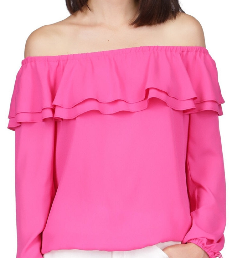 Michael Kors Women's Ruffled Off The Shoulder Top Pink Size Petite Large