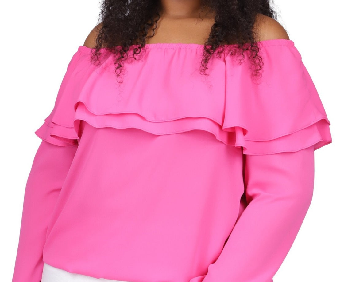 Michael Kors Women's Ruffle Off The Shoulder Peasant Blouse Pink Size 2X