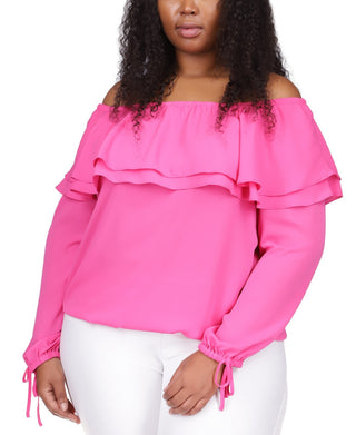 Michael Kors Women's Ruffle Off The Shoulder Peasant Blouse Pink Size 2X
