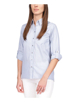 Michael Kors Women's Pocketed Striped Roll tab Sleeve Point Collar Button Up Top Blue Size X-Small