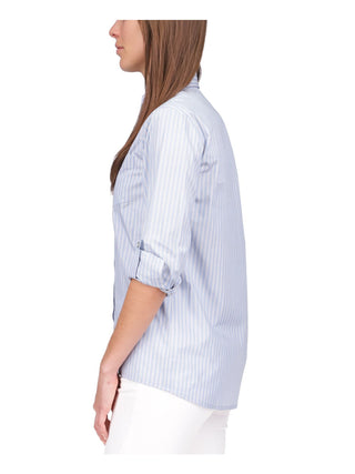 Michael Kors Women's Pocketed Striped Roll tab Sleeve Point Collar Button Up Top Blue Size X-Small