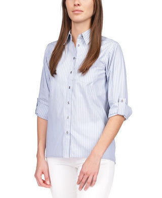 Ralph Lauren Women's Pocketed Striped Roll Tab Sleeve Point Collar Button Up Top Blue Size Medium