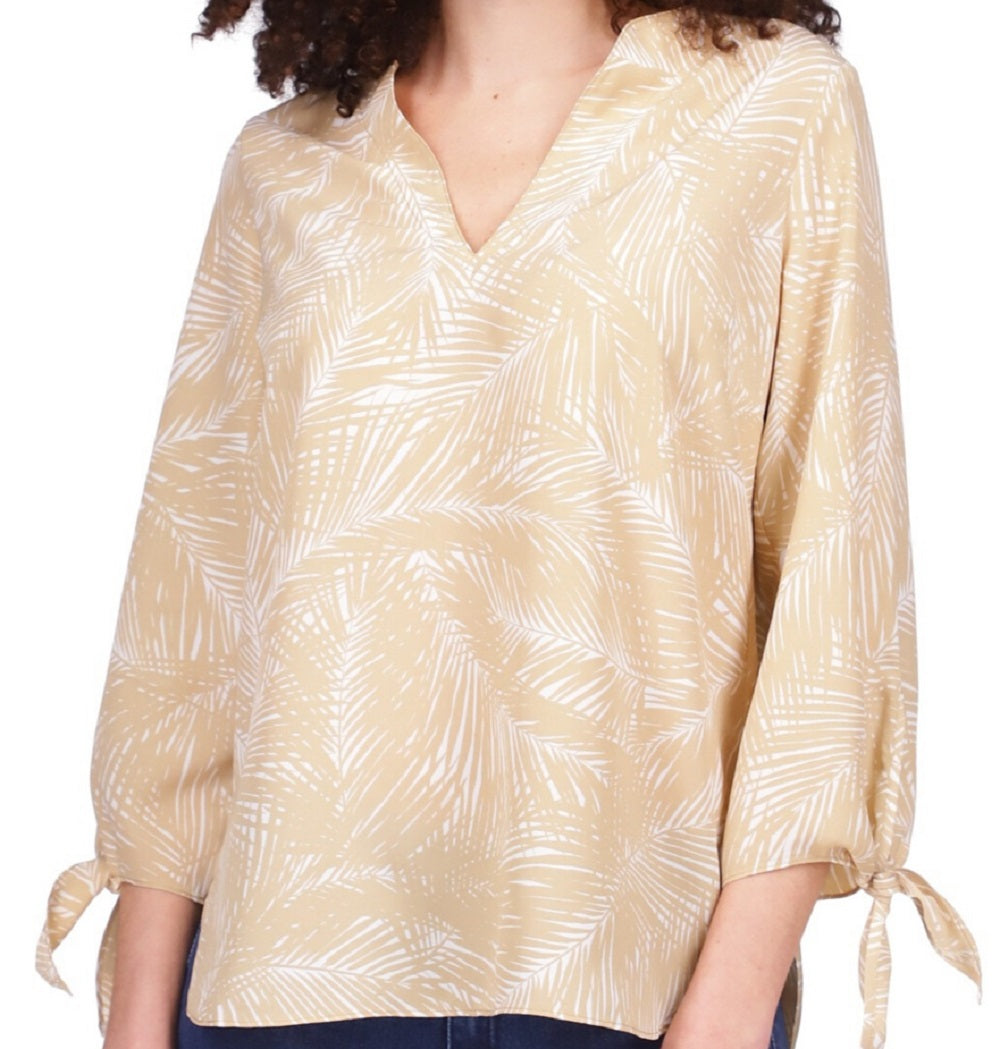 Michael Kors Women's Printed Tie Cuff Top Brown Size Large