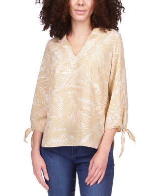 Michael Kors Women's Printed Tie Cuff Top Brown Size Large