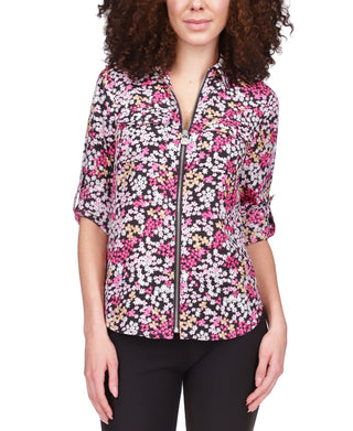 Lucky Brand Womens Zippered Shirttail Hem Floral Roll Tab Sleeve Collared Top Pink Size X-Small