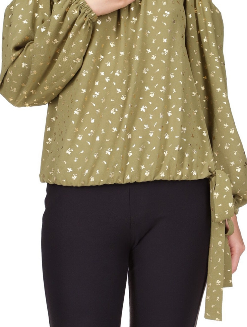 Michael Kors Women's Printed Cold Shoulder Tie Hem Top Green Size Small