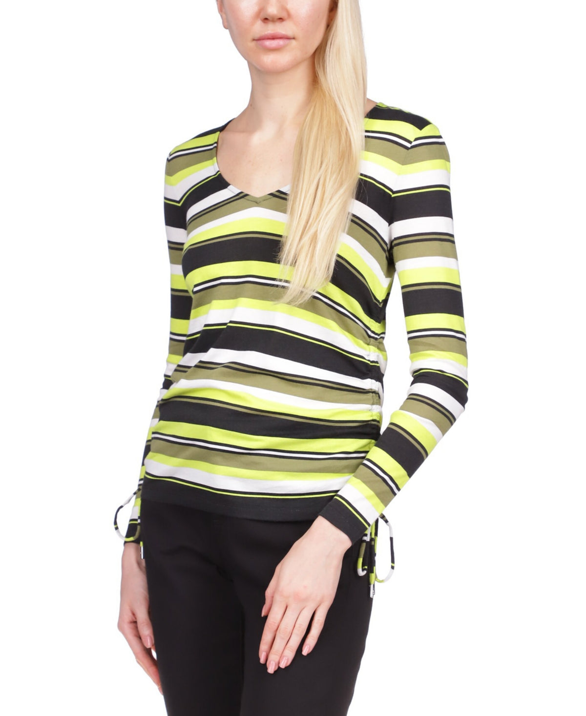 Michael Kors Women's Striped Ruched Sleeve Top Green Size Medium