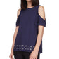 Michael Kors Women's Cotton Cold Shoulder Embellished Hem Top Blue Size XX-Large