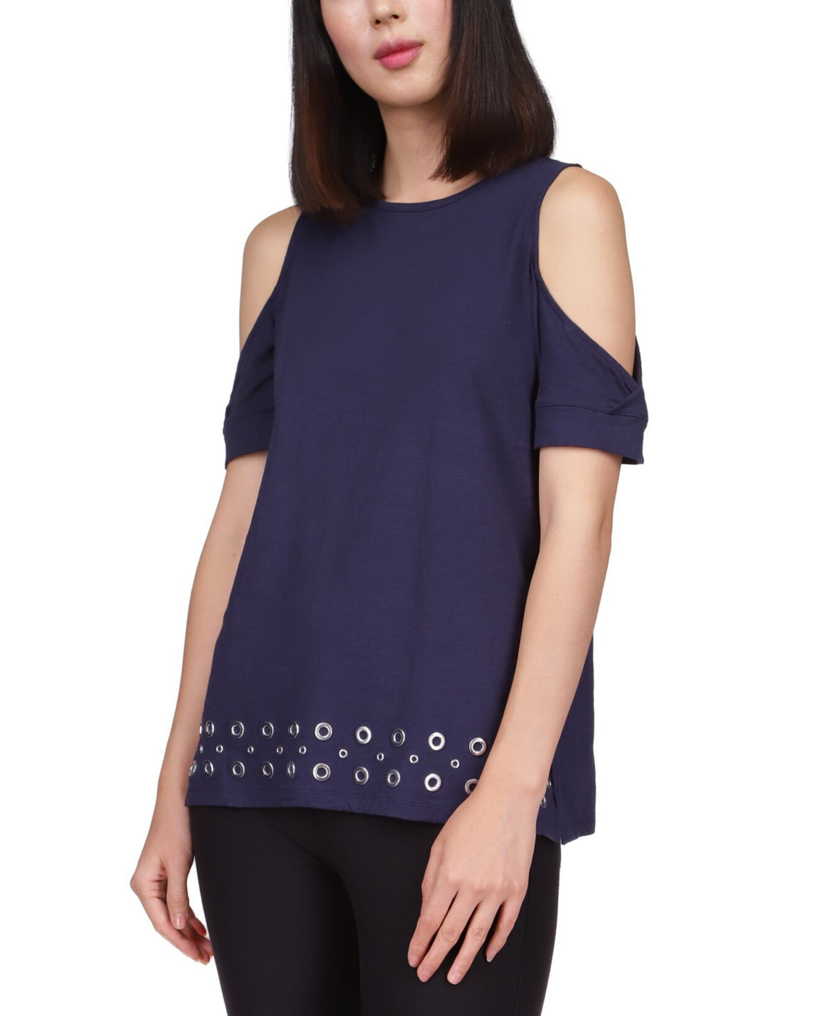 Michael Kors Women's Cotton Cold Shoulder Embellished Hem Top Blue Size XX-Large