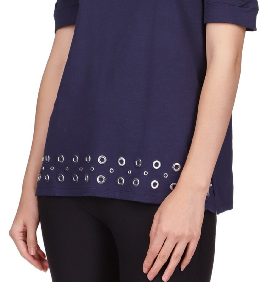 Michael Kors Women's Cotton Cold Shoulder Embellished Hem Top Blue Size XX-Large