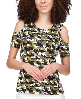 Michael Kors Women's Printed Cold Shoulder Top Green Size Medium
