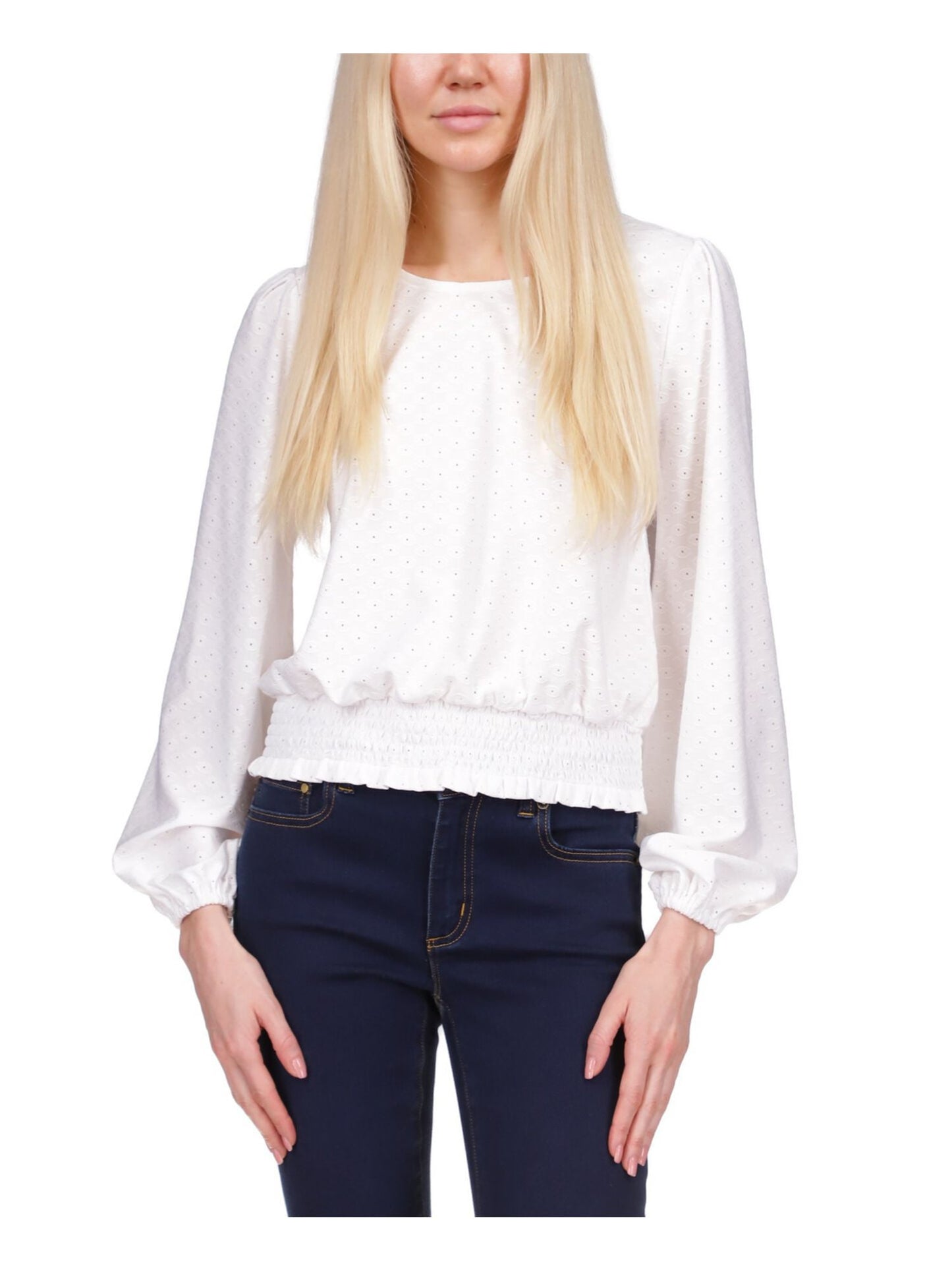 Michael Kors Women's Eyelet Smocked Elastic Cuffs Long Sleeve Scoop Neck Top White Size X-Small