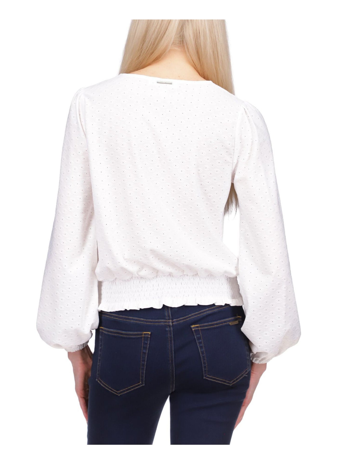 Michael Kors Women's Eyelet Smocked Elastic Cuffs Long Sleeve Scoop Neck Top White Size X-Small