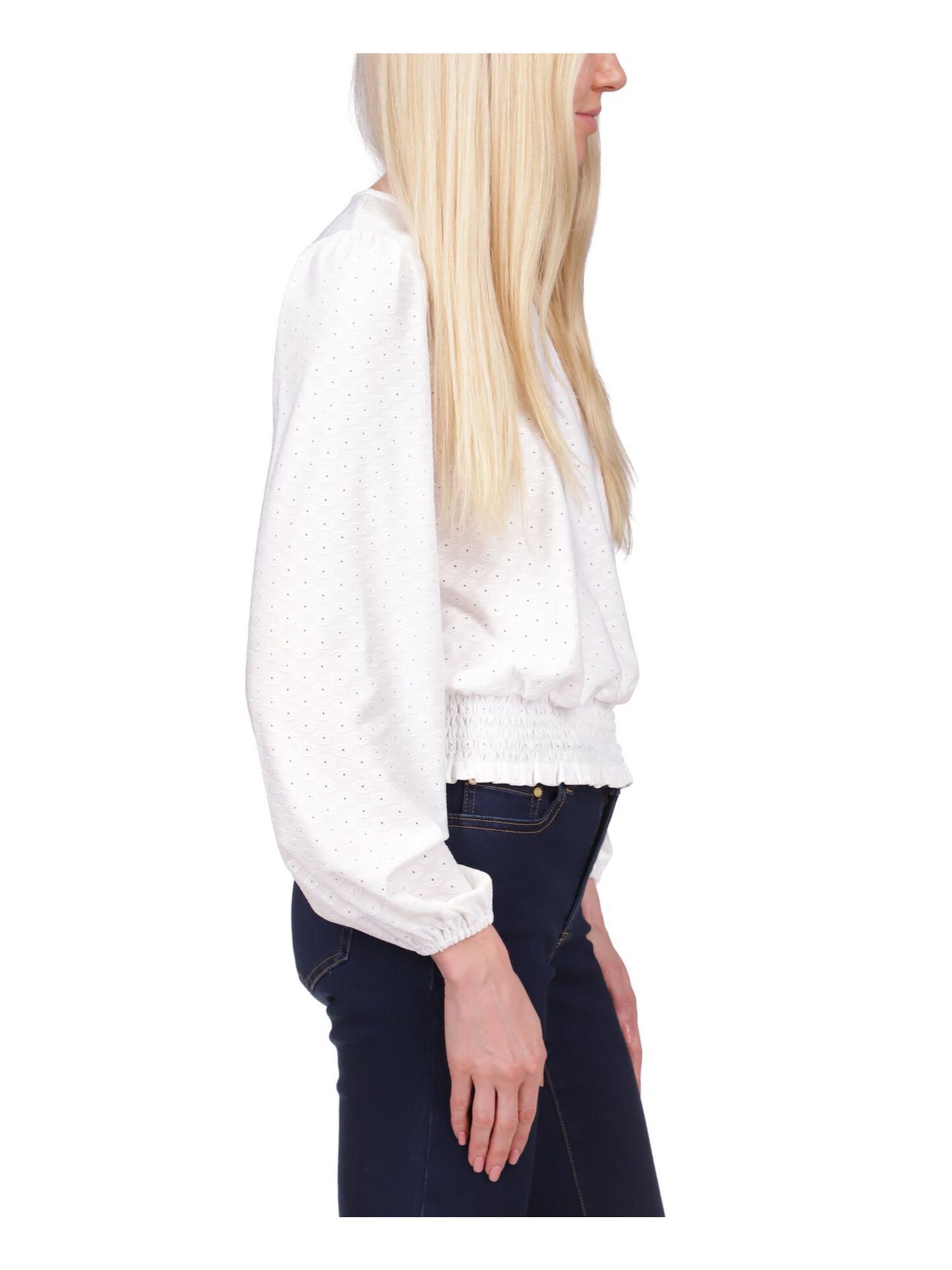 Michael Kors Women's Eyelet Smocked Elastic Cuffs Long Sleeve Scoop Neck Top White Size X-Small