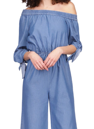 Michael Kors Women's Off The Shoulder Cropped Jumpsuit Blue Size Medium