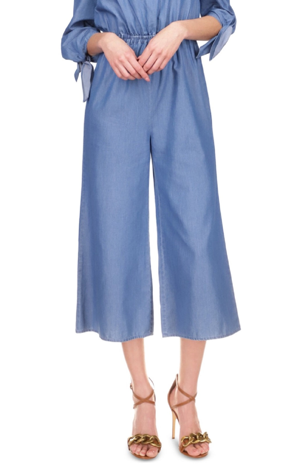 Michael Kors Women's Off The Shoulder Cropped Jumpsuit Blue Size Medium