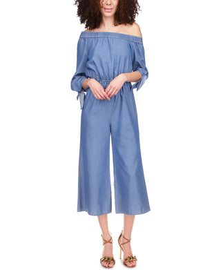 Michael Kors Women's Off The Shoulder Cropped Jumpsuit Blue Size Medium