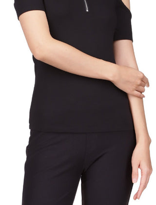 Michael Kors Women's Zip Neck Cold Shoulder Top Black Size Petite Small