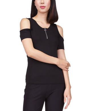 Michael Kors Women's Zip Neck Cold Shoulder Top Black Size Petite Small
