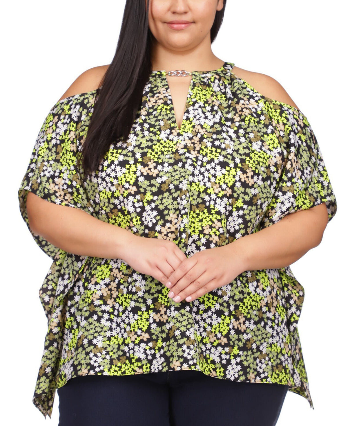 Michael Kors Women's Cold Shoulder Chain Detail Handkerchief Hem Floral Short Sleeve Keyhole Top Green Size 2X