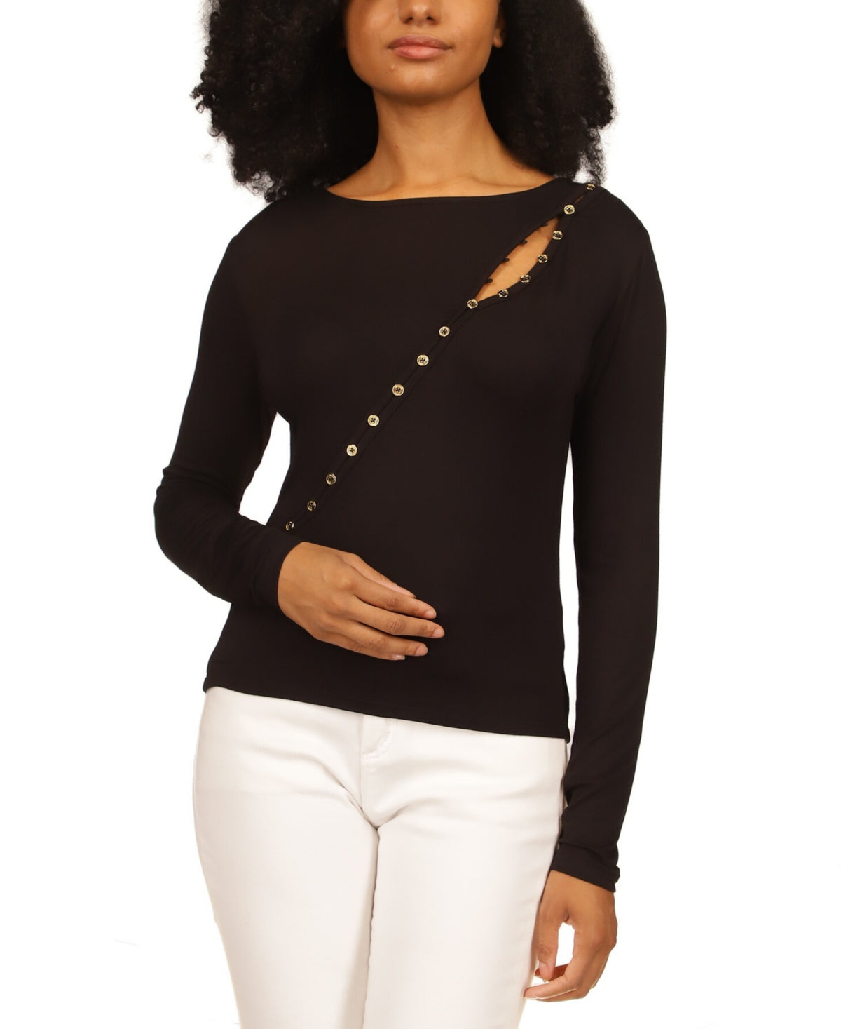 Michael Kors Women's Asymmetrical Button Front Knit Top Black Size Medium