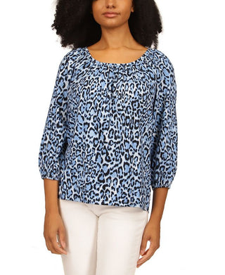 Michael Kors Women's Wildcat Print Peasant Top Blue Size Small