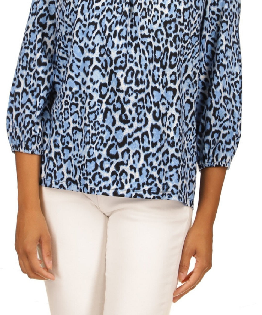 Michael Kors Women's Wildcat Print Peasant Top Blue Size Medium