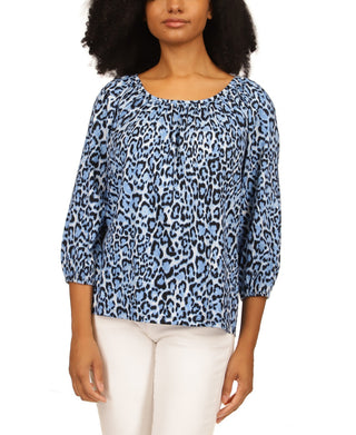 Michael Kors Women's Wildcat Print Peasant Top Blue Size Medium