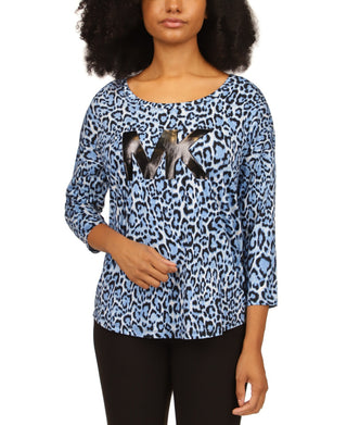 Michael Kors Women's Animal Print Logo T-Shirt Blue Size Large