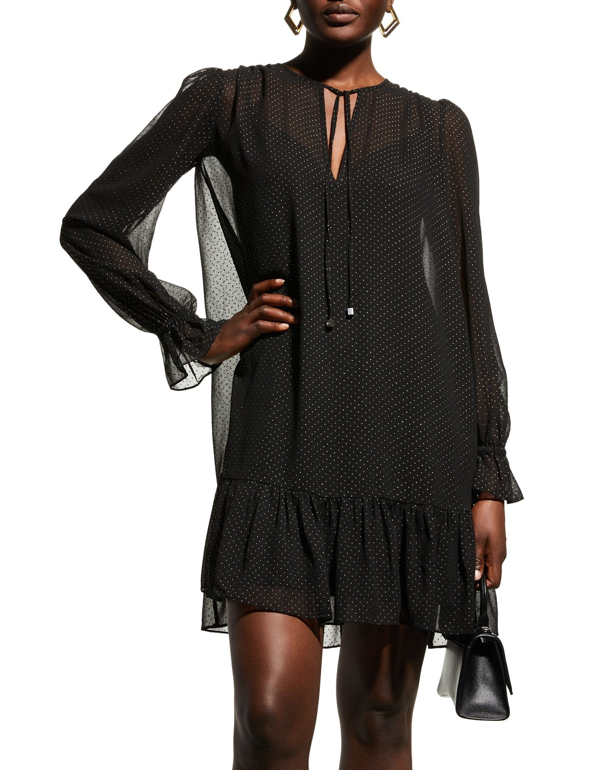 Michael Kors Women's Tie Neck Dewdrop Texture Dress Black Size Large