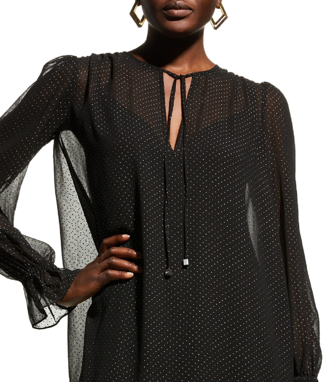 Michael Kors Women's Tie Neck Dewdrop Texture Dress Black Size Large