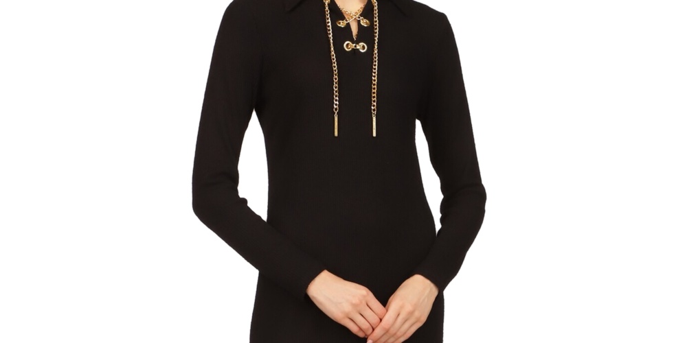 Michael Kors Women's Ribbed Logo Chain Lace Up Neck Long Sleeve Collared Short Shift Dress Black Size Medium