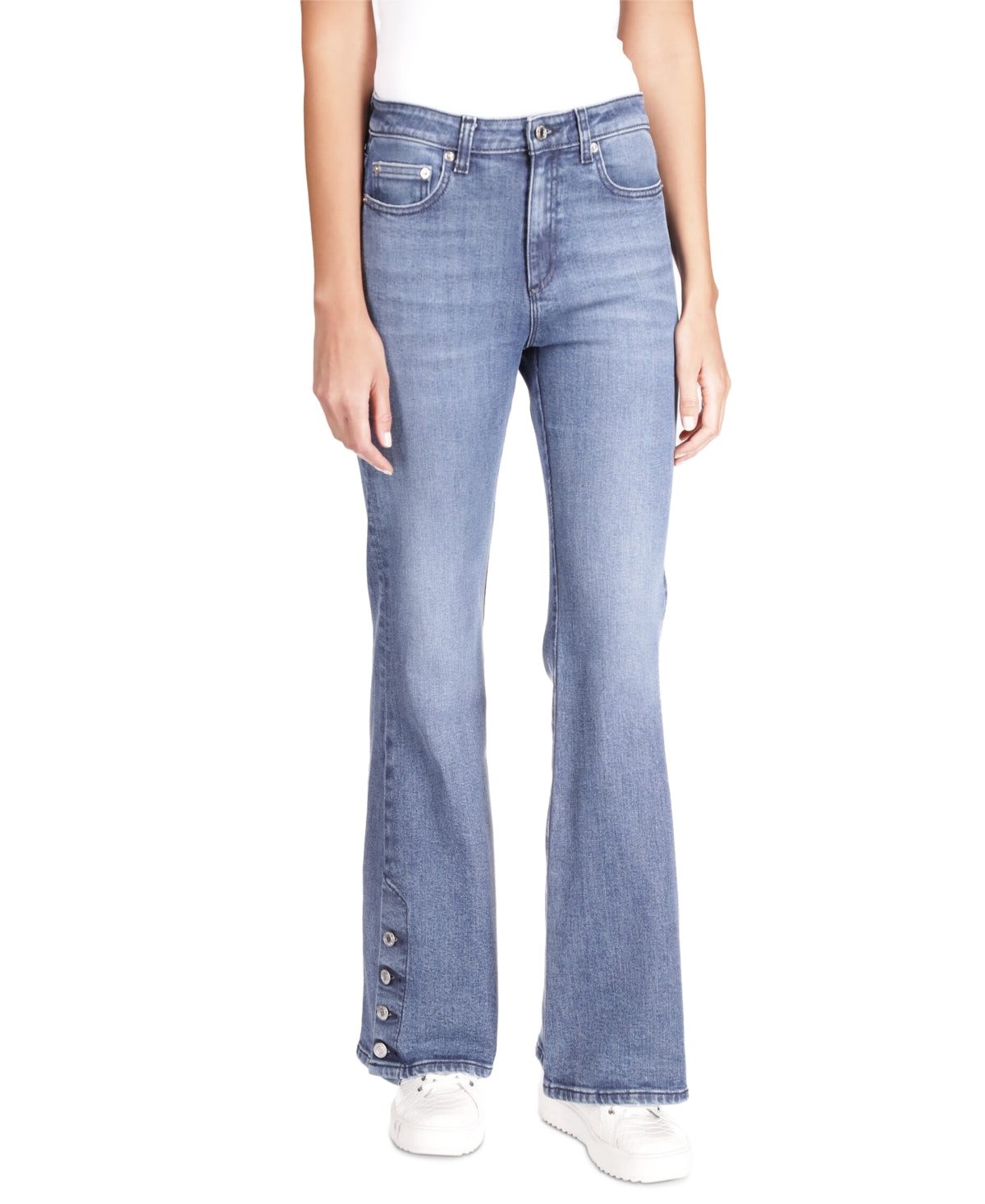 Michael Kors Women's Selma Shank Button Hem Flare Leg Denim Jeans Blue Size 16