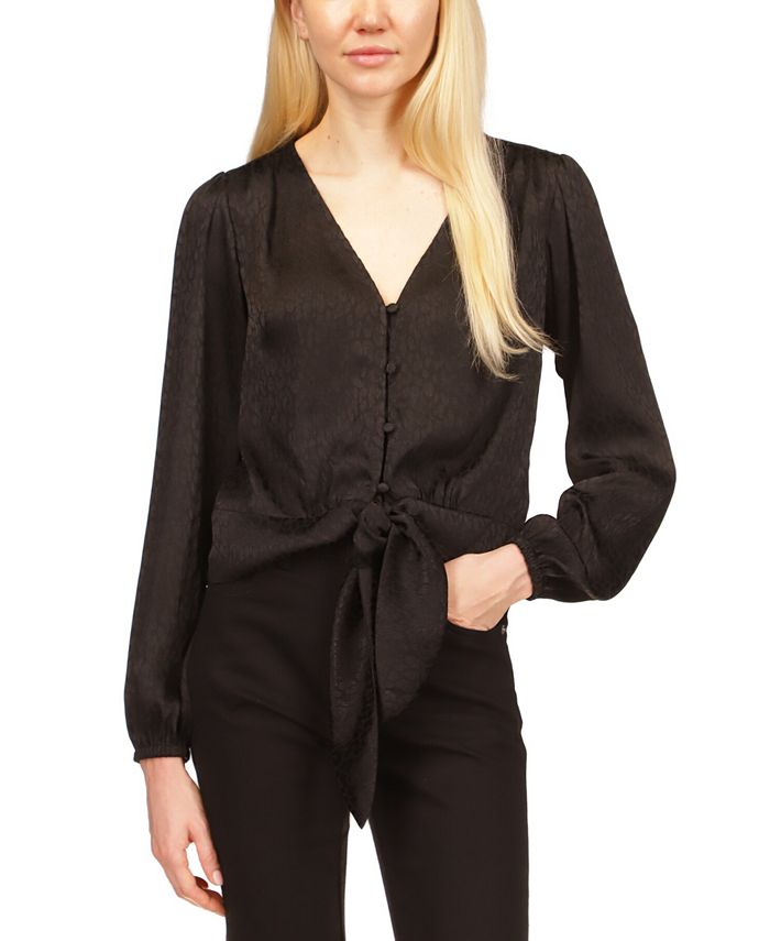 Michael Kors Women's Animal Jacquard Tie Front Shirt Black Size Large
