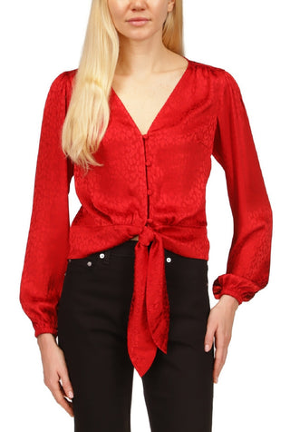 Michael Kors Women's Jacquard Animal Print Tie Top Red Size Small