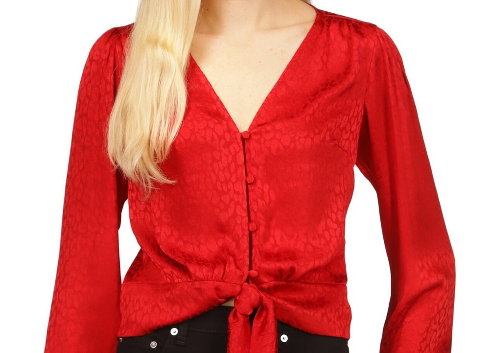 Michael Kors Women's Jacquard Animal Print Tie Top Red Size Medium