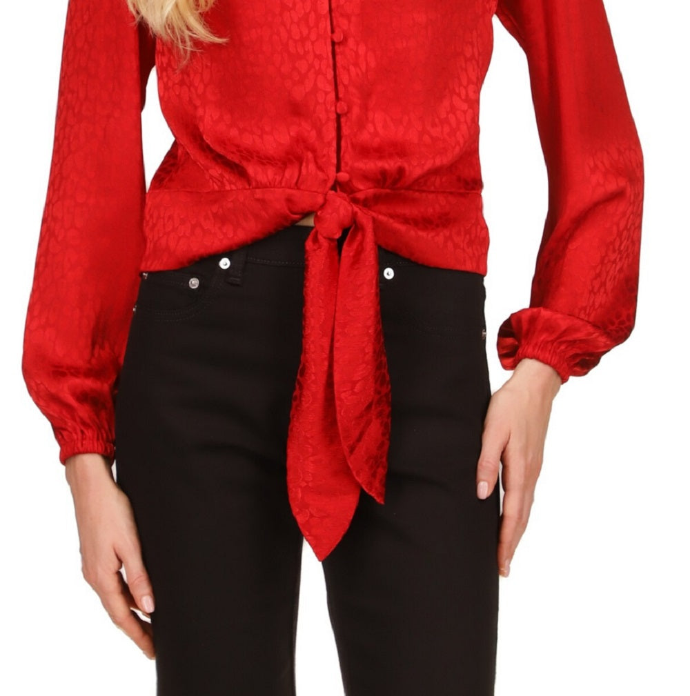 Michael Kors Women's Jacquard Animal Print Tie Top Red Size Medium