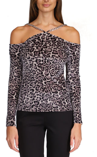 Michael Kors Women's Printed Velvet Chain Cold Shoulder Top Gray Size Large