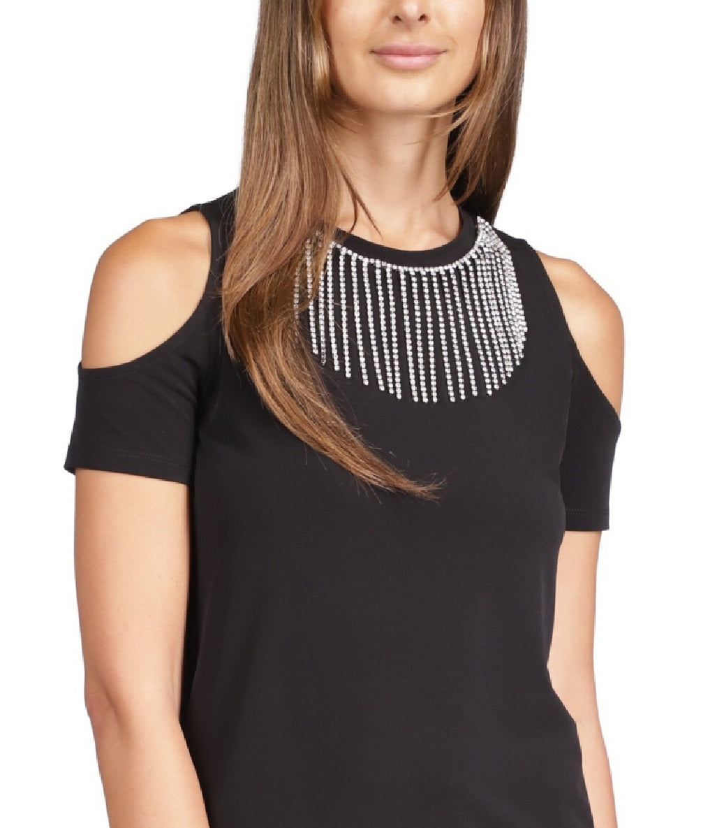 Michael Kors Women's Rhinestone Cold Shoulder Top Black Size Medium