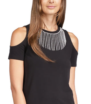 Michael Kors Women's Rhinestone Cold Shoulder Top Black Size Medium