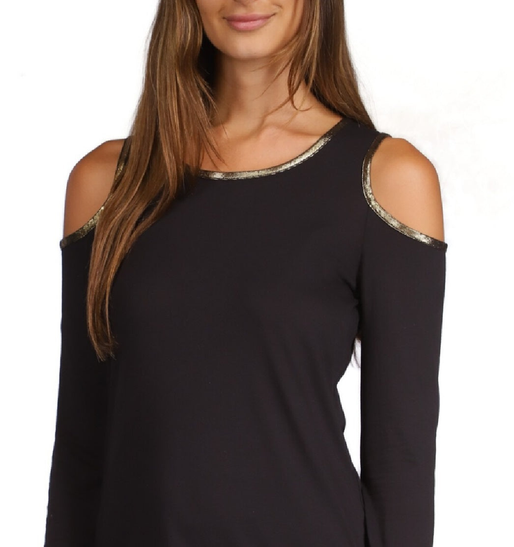Michael Kors Women's Metallic Trim Cold Shoulder Top Black Size Large