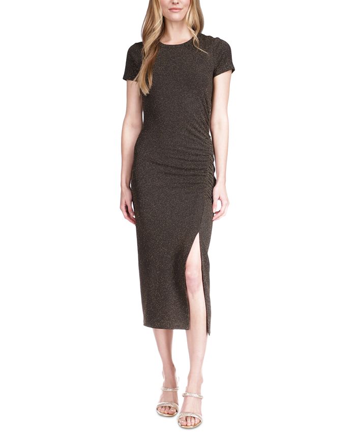 Michael Kors Women's Metallic Ruched Midi Dress Black Size Large